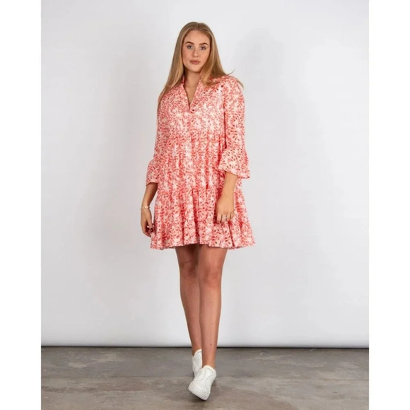 Tuckernuck Dresses & Skirts - KASIA Tuckernuck Cutwork Tiered Split Neck Holiday Dress Coral/white Size Small